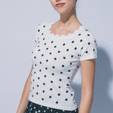 Marie Polka Dot Ribbed Wavy Neck Top