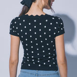 Marie Polka Dot Ribbed Wavy Neck Top