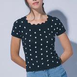 Marie Polka Dot Ribbed Wavy Neck Top