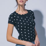 Marie Polka Dot Ribbed Wavy Neck Top