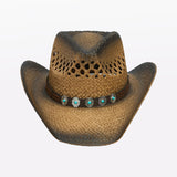 Aged Two Tone Cowboy Hat with Turquoise Stone Faux Leather Band