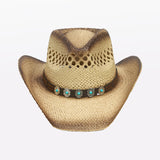 Aged Two Tone Cowboy Hat with Turquoise Stone Faux Leather Band