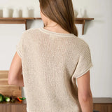 Gracie Sheer Knit Split Neck Short Sleeve Top with Raw Edge Trim
