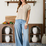 Gracie Sheer Knit Split Neck Short Sleeve Top with Raw Edge Trim