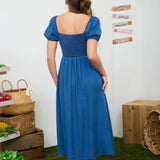 Phoebe Multi Front Tie Smocked Denim Midi Dress