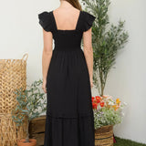 Celine Square Neck Smocked Midi Dress with Ruffle Straps