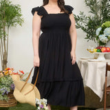 Celine Square Neck Smocked Midi Dress with Ruffle Straps