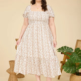 Madison Brown Floral Smocked Puff Sleeve Midi Dress