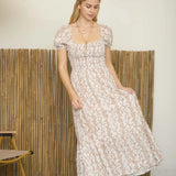 Madison Brown Floral Smocked Puff Sleeve Midi Dress