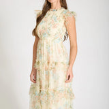 Talia Yellow Floral Tulle Smocked Tiered Midi Dress
