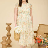 Talia Yellow Floral Tulle Smocked Tiered Midi Dress