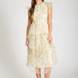 Talia Yellow Floral Tulle Smocked Tiered Midi Dress