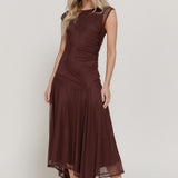 Lucia Asymmetric High Neck Mesh Bodycon Midi Dress