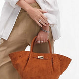 Gold Buckle Suede Flared Tote Bag with Shoulder Strap