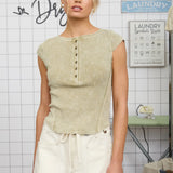 Henley Acid Wash Exposed Seam Ribbed Knit Short Sleeve Top