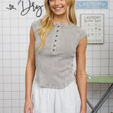 Henley Acid Wash Exposed Seam Ribbed Knit Short Sleeve Top