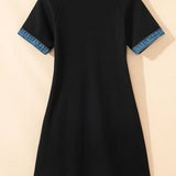 Black Waffle Knit Denim Trim Button Polo T-Shirt Dress