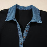 Black Waffle Knit Denim Trim Button Polo T-Shirt Dress
