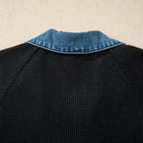 Black Waffle Knit Denim Trim Button Polo T-Shirt Dress