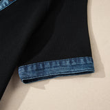 Black Waffle Knit Denim Trim Button Polo T-Shirt Dress