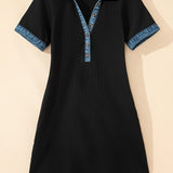 Black Waffle Knit Denim Trim Button Polo T-Shirt Dress
