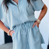 Sunday Light Blue Half Zip Short Sleeve Top & Shorts Set