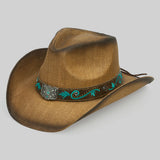 Cowboy Straw Hat with Turquoise Bloom Butterfly Concho Band