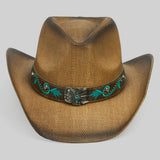 Cowboy Straw Hat with Turquoise Bloom Butterfly Concho Band