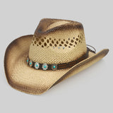 Aged Two Tone Cowboy Hat with Turquoise Stone Faux Leather Band