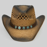 Aged Two Tone Cowboy Hat with Turquoise Stone Faux Leather Band