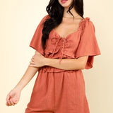Sweetheart Front Tie Cotton Blend Short Sleeve Summer Romper
