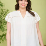 Ivory Split Neck Ruffle Sleeve Lace Trim Top