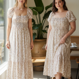 Madison Brown Floral Smocked Puff Sleeve Midi Dress