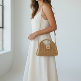 Woven Straw Satchel Bag with Twist-Lock Closure