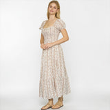 Madison Brown Floral Smocked Puff Sleeve Midi Dress