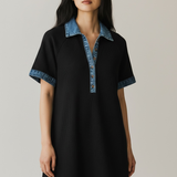 Black Waffle Knit Denim Trim Button Polo T-Shirt Dress