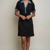 Black Waffle Knit Denim Trim Button Polo T-Shirt Dress