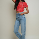 Americana Red Stripe Cropped Button Down Knit Cardigan Vest