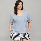Mina Plus Size Washed Cotton V-Neck Boxy Pocket T-Shirt