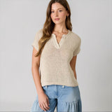 Gracie Sheer Knit Split Neck Short Sleeve Top with Raw Edge Trim