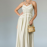 Island Time Olive Striped Smocked Waist Midi Dress