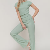 Remi Plus Size Sage Crinkle Knit Top & Flare Pants Set