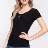 Dallas Lace-Up Rib Knit Short Sleeve Top