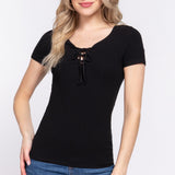 Dallas Lace-Up Rib Knit Short Sleeve Top