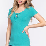 Dallas Lace-Up Rib Knit Short Sleeve Top