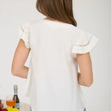 Ivory Split Neck Ruffle Sleeve Lace Trim Top