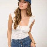 Soft Girl Square Neck Lace Trim Front Tie Pointelle Knit Top
