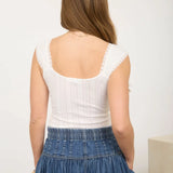 Soft Girl Square Neck Lace Trim Front Tie Pointelle Knit Top