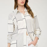 Corporate Girly Cream Geometric Long Sleeve Button Down Shirt
