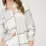 Corporate Girly Cream Geometric Long Sleeve Button Down Shirt